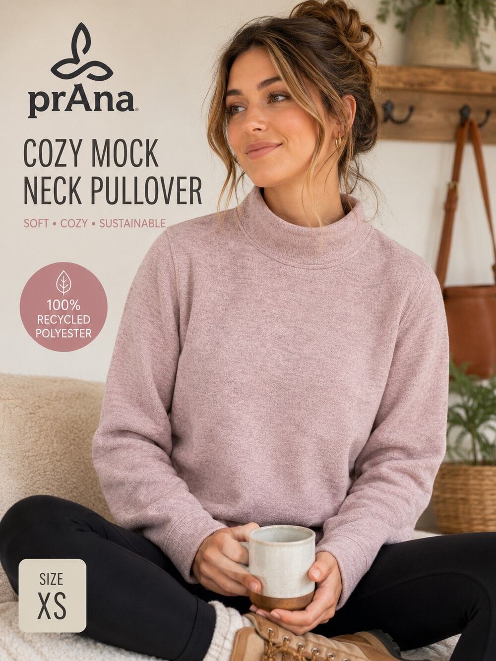 prAna Sz XS Pink Mock Neck Fleece Pullover Sweatshirt Cozy Recycled Polyester
